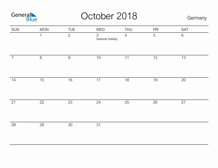 Printable October 2018 Calendar for Germany
