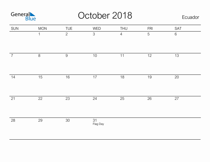 Printable October 2018 Calendar for Ecuador