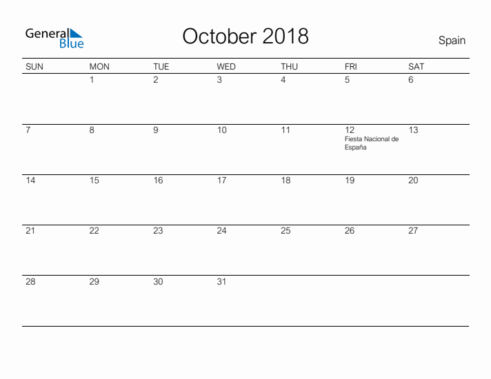 Printable October 2018 Calendar for Spain