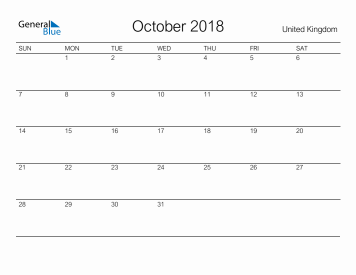 Printable October 2018 Calendar for United Kingdom