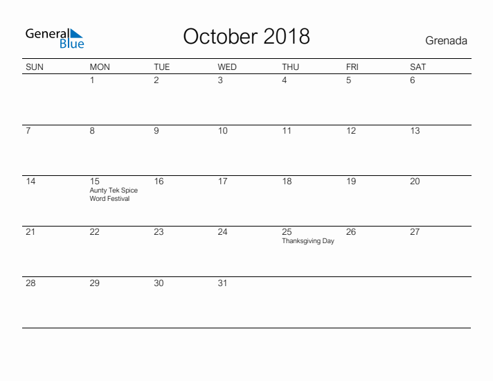 Printable October 2018 Calendar for Grenada
