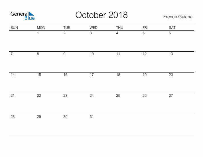 Printable October 2018 Calendar for French Guiana