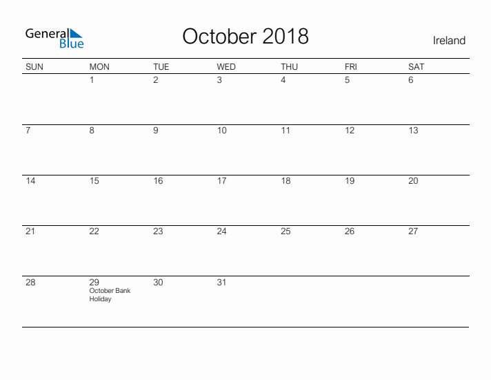 Printable October 2018 Calendar for Ireland