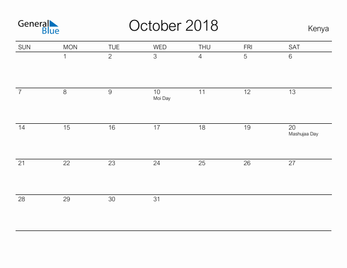 Printable October 2018 Calendar for Kenya
