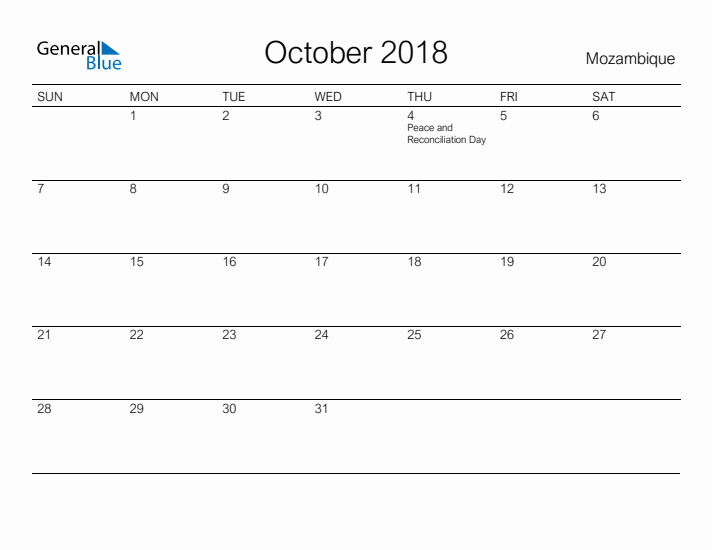 Printable October 2018 Calendar for Mozambique
