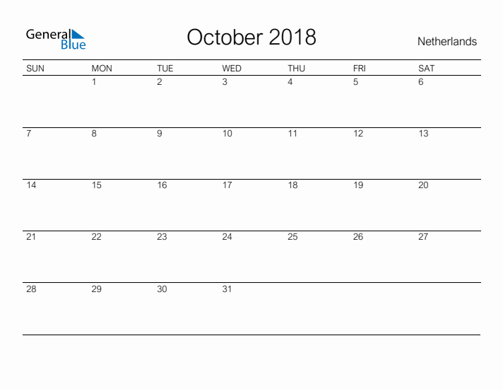 Printable October 2018 Calendar for The Netherlands