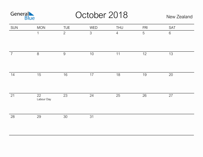 Printable October 2018 Calendar for New Zealand