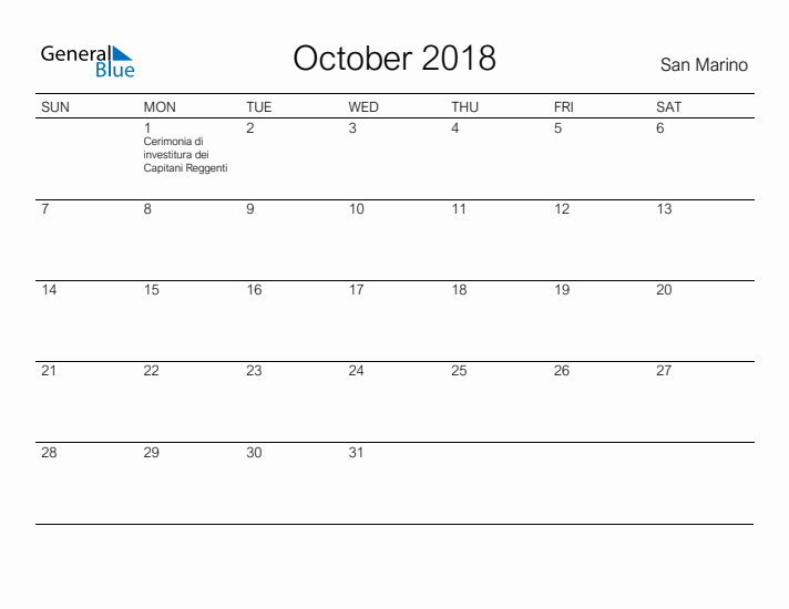 Printable October 2018 Calendar for San Marino
