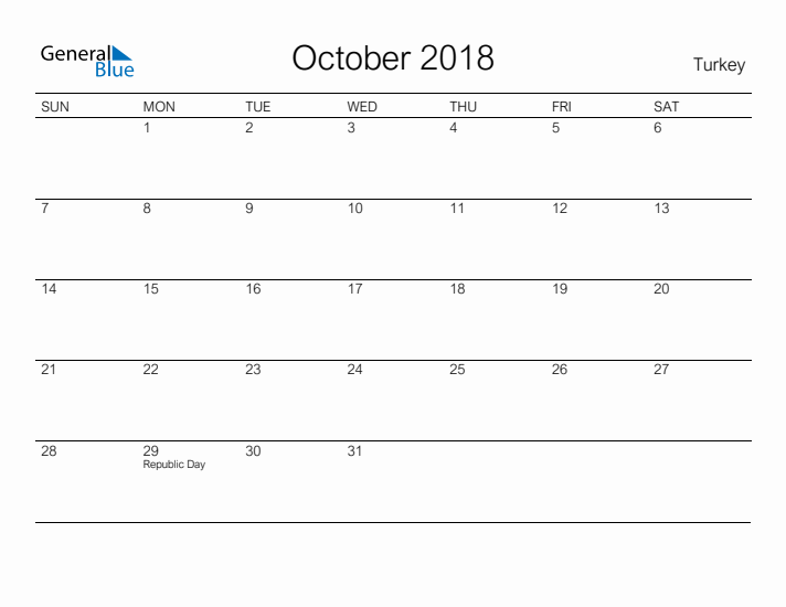 Printable October 2018 Calendar for Turkey