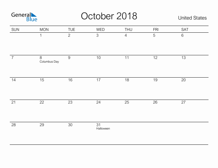 Printable October 2018 Calendar for United States