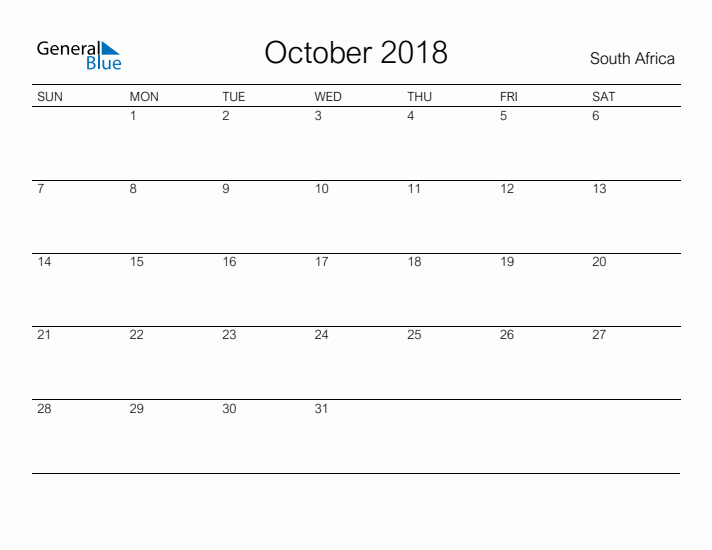 Printable October 2018 Calendar for South Africa