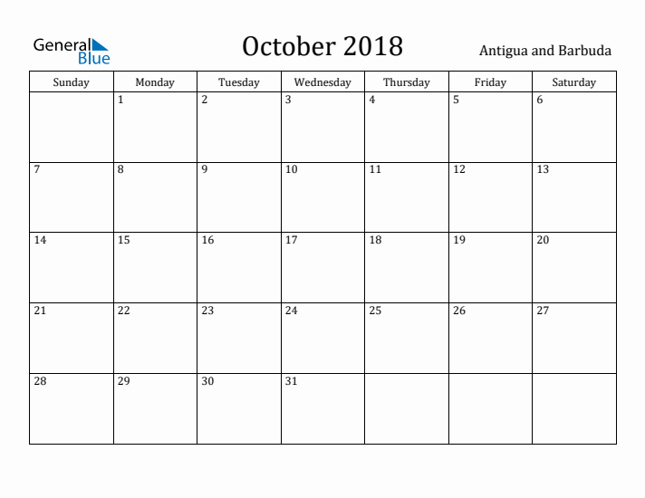 October 2018 Calendar Antigua and Barbuda