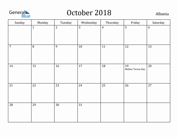 October 2018 Calendar Albania