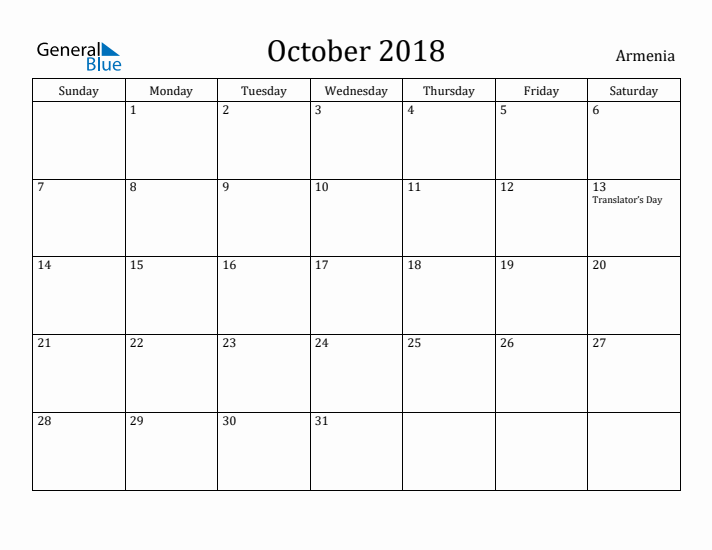 October 2018 Calendar Armenia