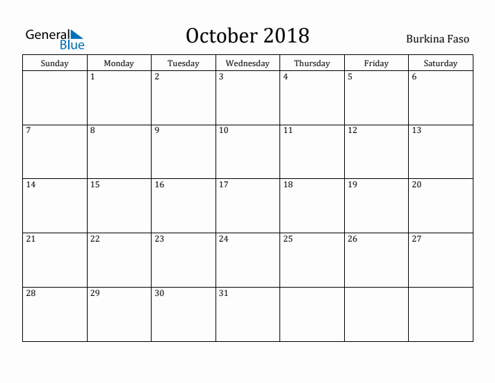 October 2018 Calendar Burkina Faso