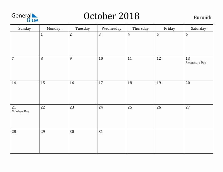 October 2018 Calendar Burundi