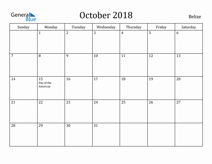October 2018 Calendar Belize