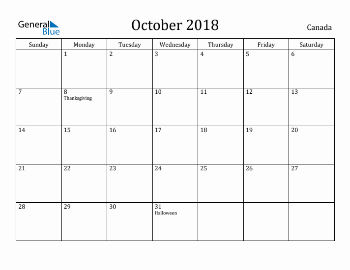 October 2018 Calendar Canada