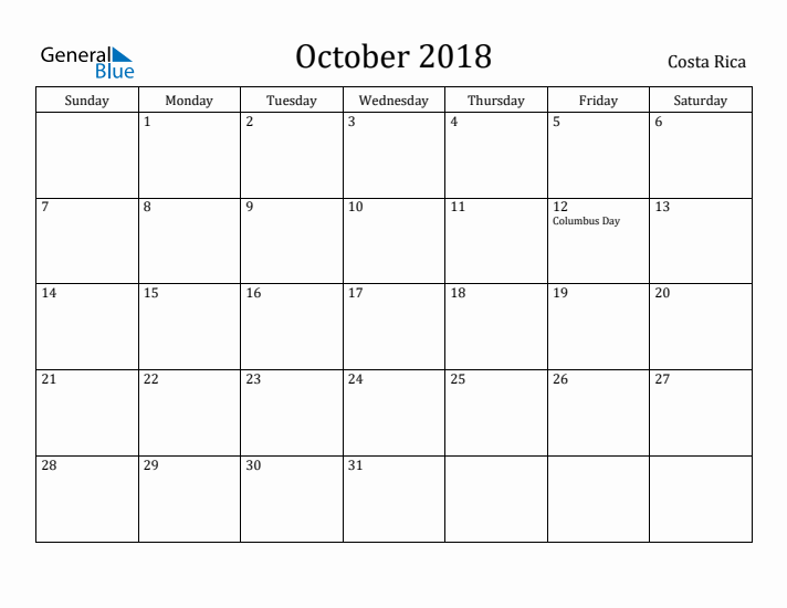 October 2018 Calendar Costa Rica
