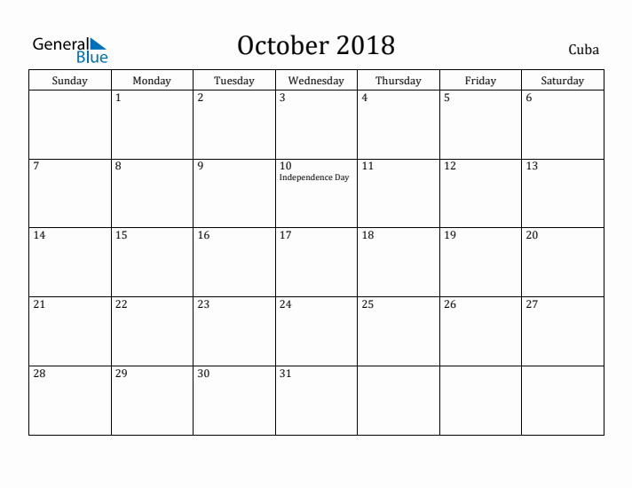October 2018 Calendar Cuba