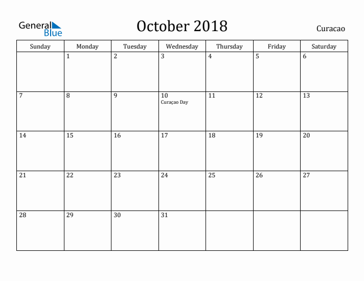 October 2018 Calendar Curacao