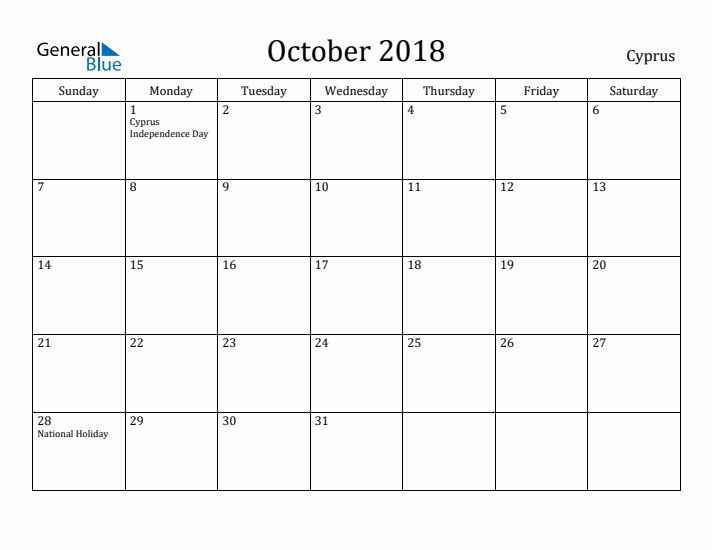October 2018 Calendar Cyprus