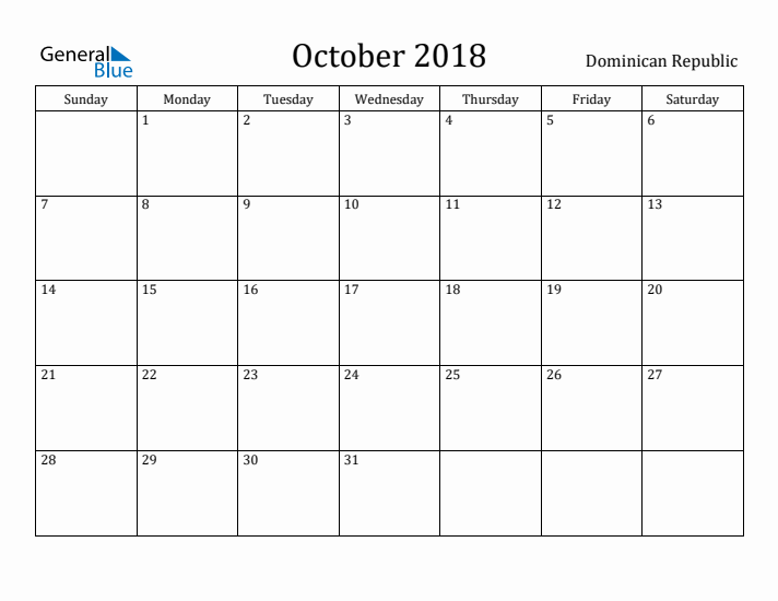 October 2018 Calendar Dominican Republic