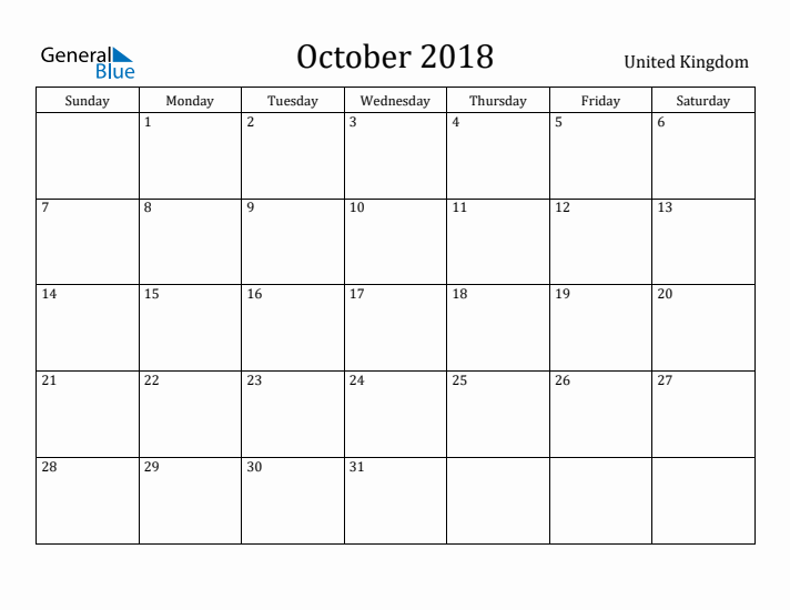 October 2018 Calendar United Kingdom