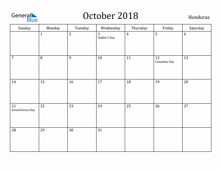 October 2018 Calendar Honduras