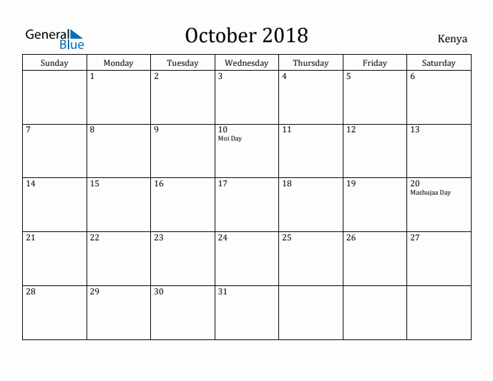 October 2018 Calendar Kenya