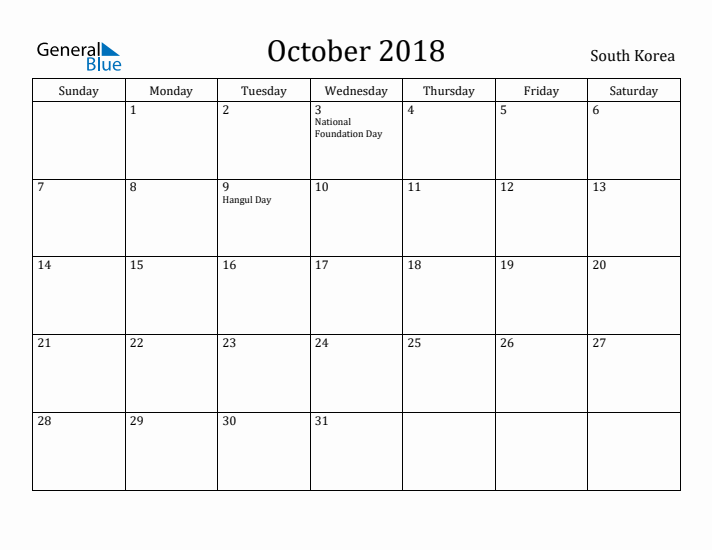 October 2018 Calendar South Korea