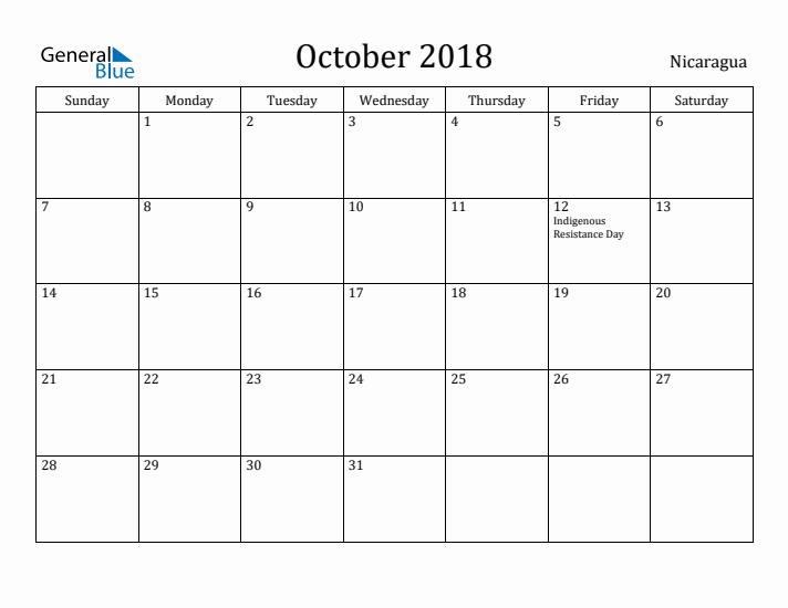 October 2018 Calendar Nicaragua