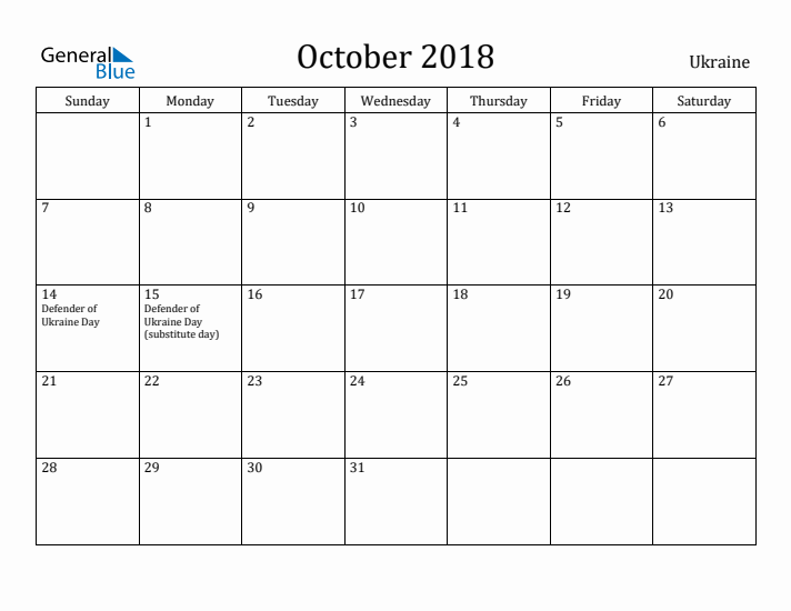 October 2018 Calendar Ukraine