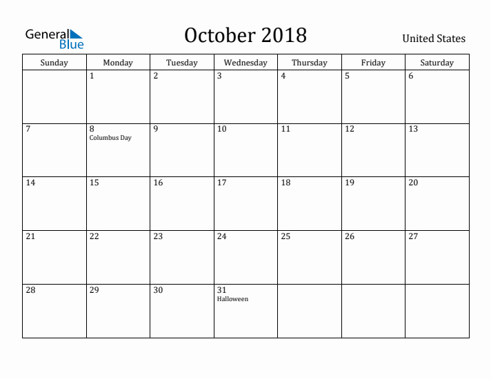 October 2018 Calendar United States