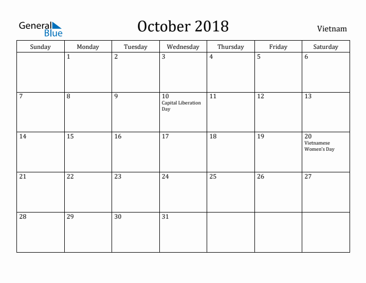 October 2018 Calendar Vietnam
