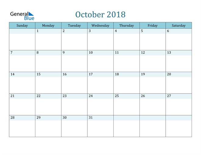 October 2018 Calendar (PDF Word Excel)