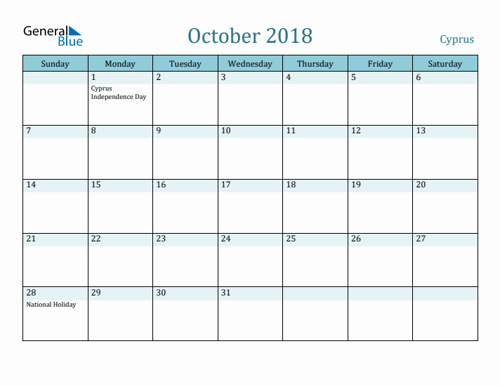 October 2018 Calendar with Holidays