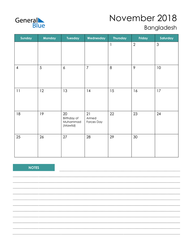 Calendar with Notes Printable