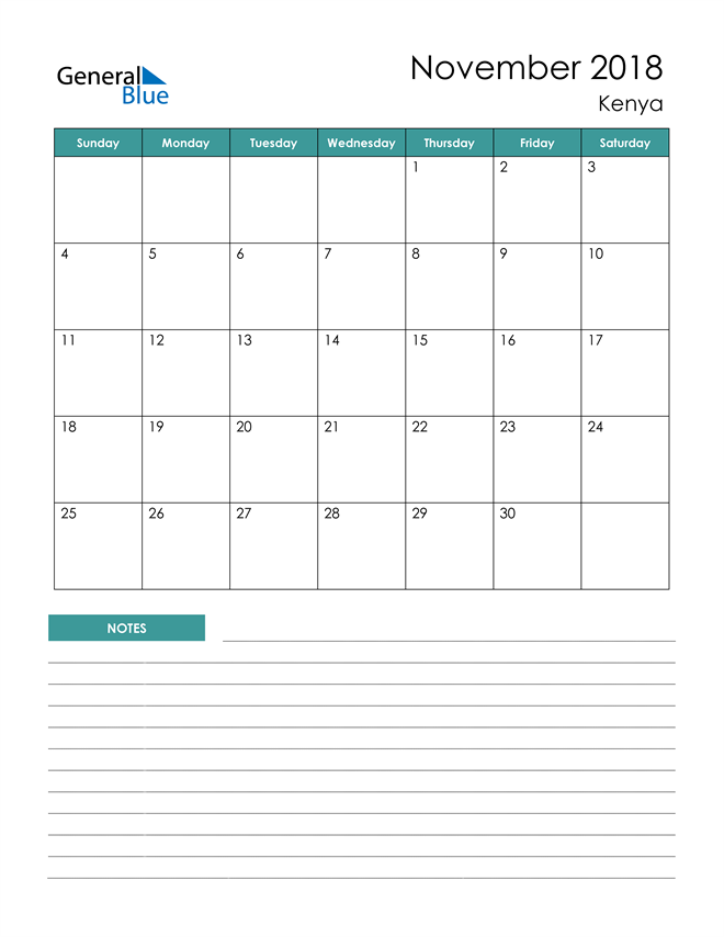 Calendar with Notes Printable