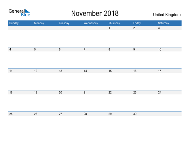November 2018 Calendar With United Kingdom Holidays
