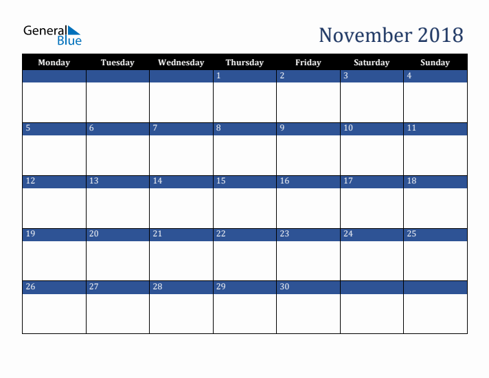Monday Start Calendar for November 2018