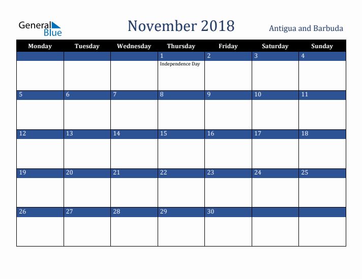 November 2018 Antigua and Barbuda Calendar (Monday Start)
