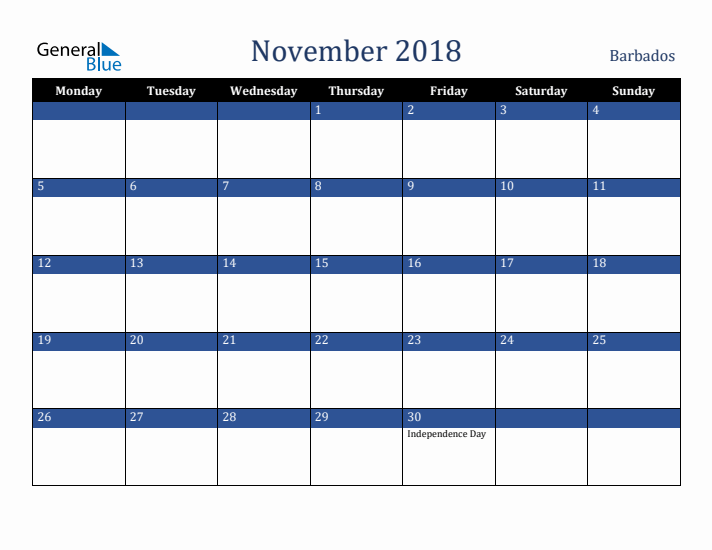 November 2018 Barbados Calendar (Monday Start)