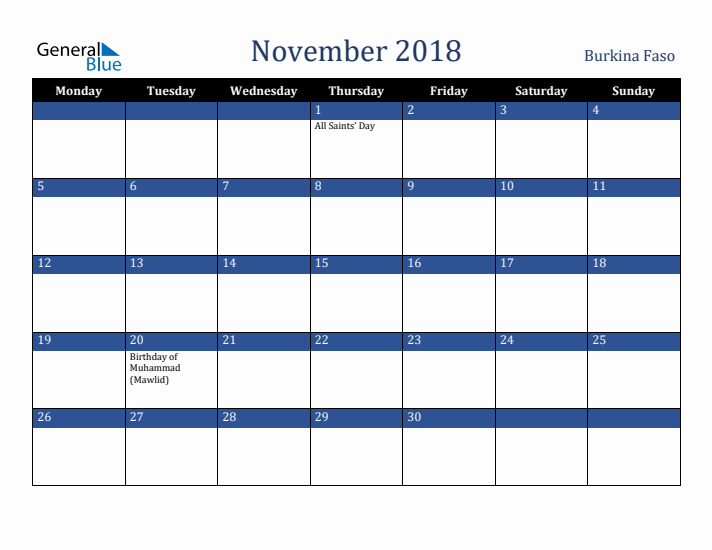 November 2018 Burkina Faso Calendar (Monday Start)