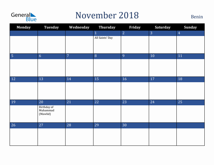 November 2018 Benin Calendar (Monday Start)