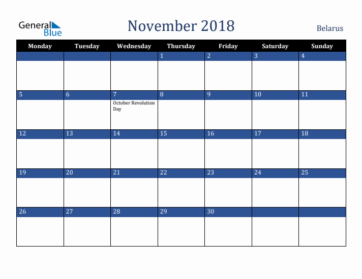 November 2018 Belarus Calendar (Monday Start)