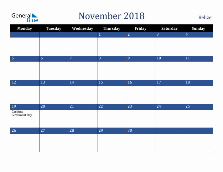 November 2018 Belize Calendar (Monday Start)