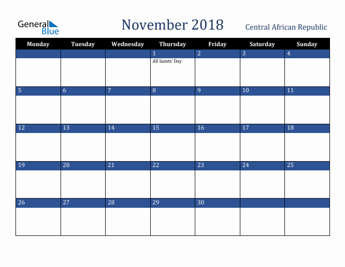 November 2018 Central African Republic Calendar (Monday Start)