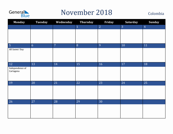 November 2018 Colombia Calendar (Monday Start)