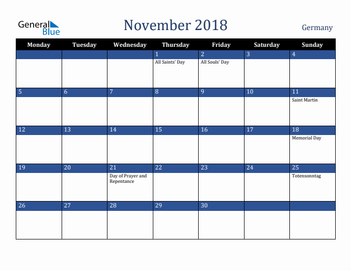 November 2018 Germany Calendar (Monday Start)